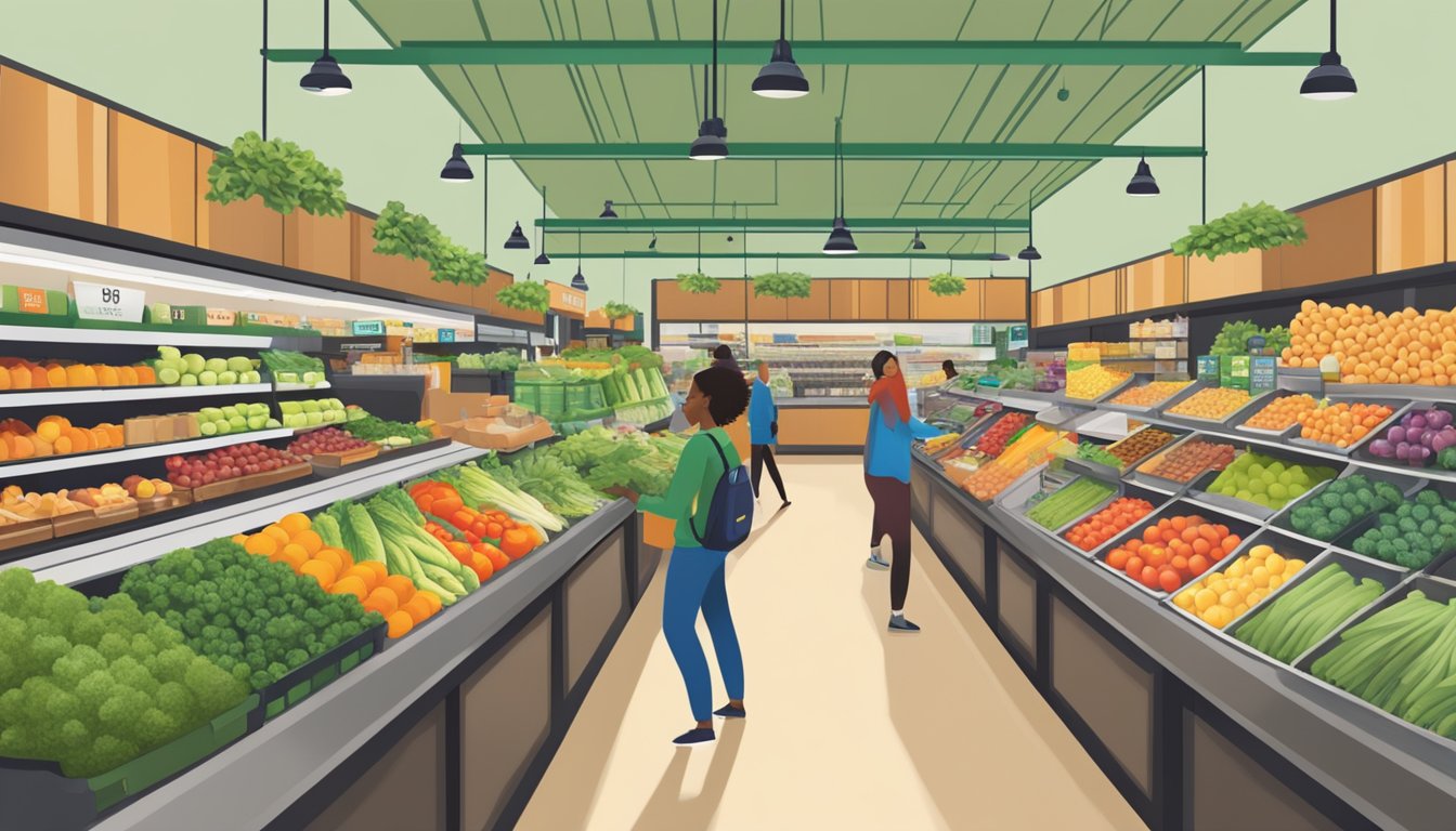 A bustling Whole Foods Market with SNAP recipients using EBT cards at checkout, surrounded by fresh produce and organic groceries