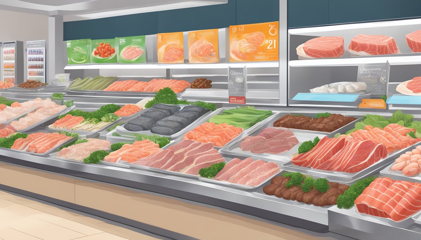 A pristine display of Japanese A5 Wagyu beef tenderloin alongside an array of premium seafood at a top grocery store