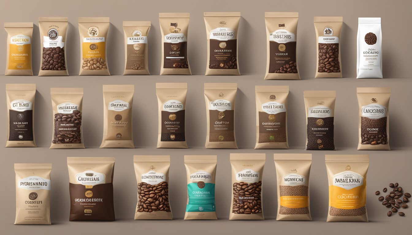 A display of various coffee bean bags from different top grocery stores, showcasing the variety and quality of premium coffee beans