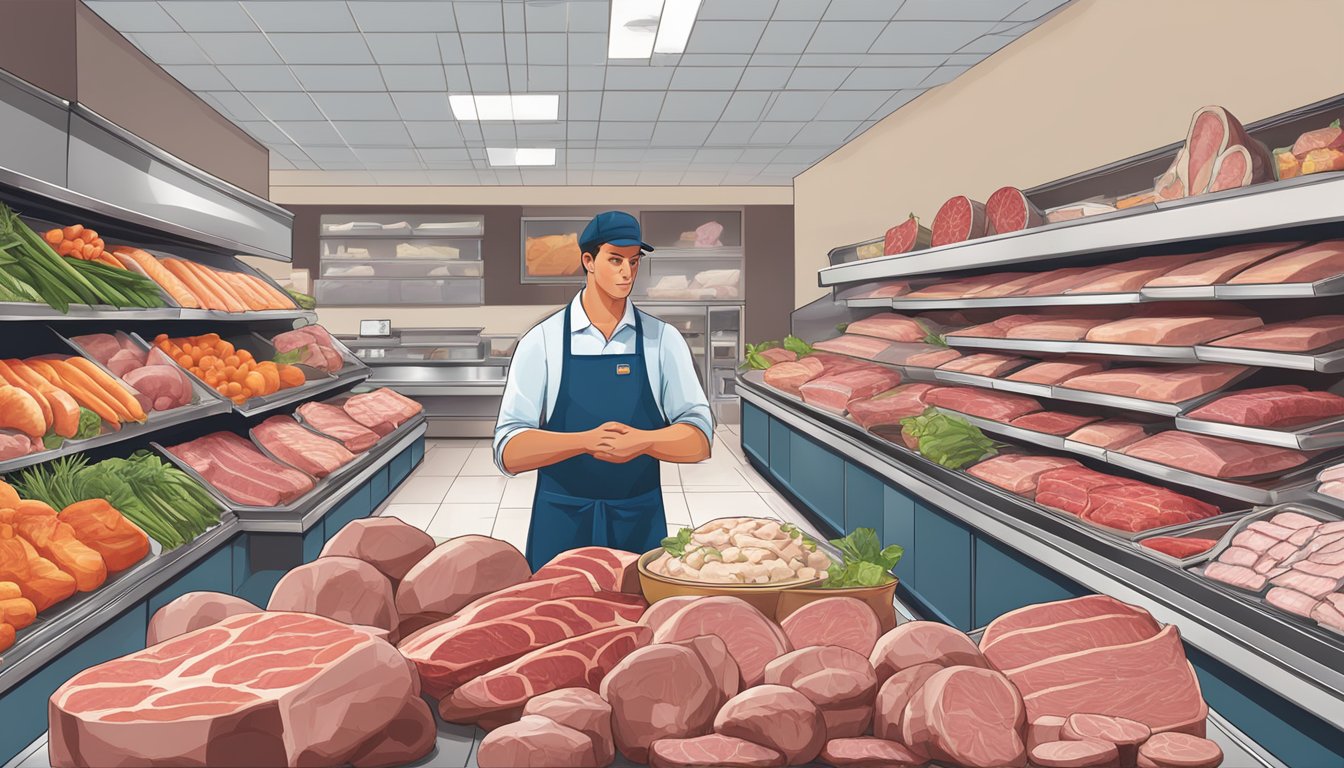 Aldi budget butchers guide with various meat cuts displayed in a grocery store setting