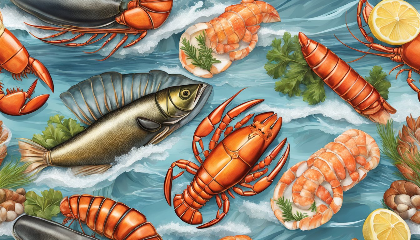 A display of Maine lobster tails and other premium seafood in the top grocery stores, with ocean imagery and a bounty of fresh catches