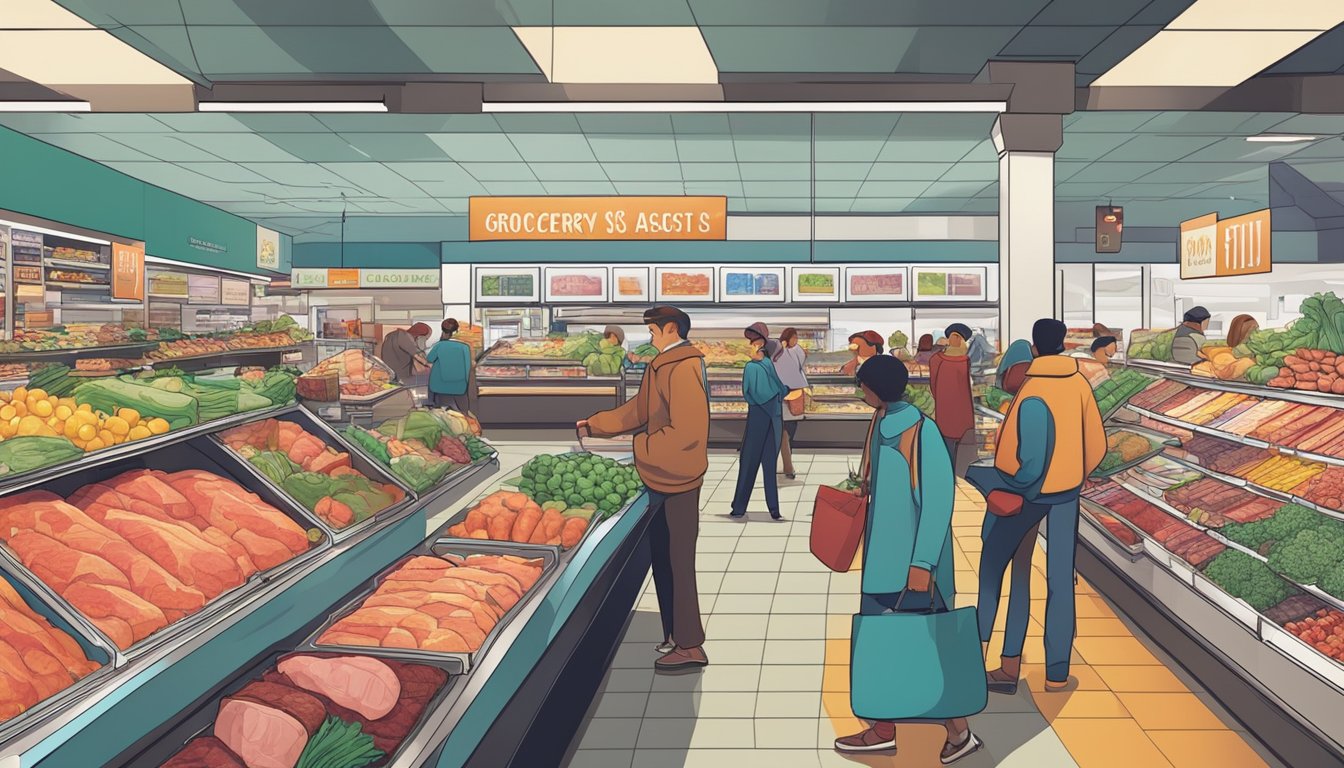 A bustling grocery store with colorful meat displays and price tags, customers browsing for affordable cuts