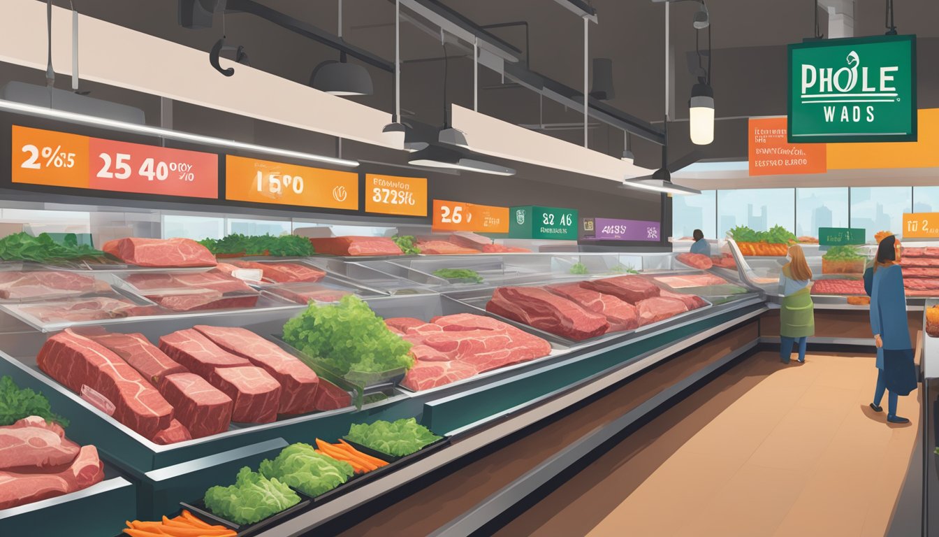 A colorful display of various cuts of meat at Whole Foods (365 Everyday Value) with price tags and signage indicating affordability