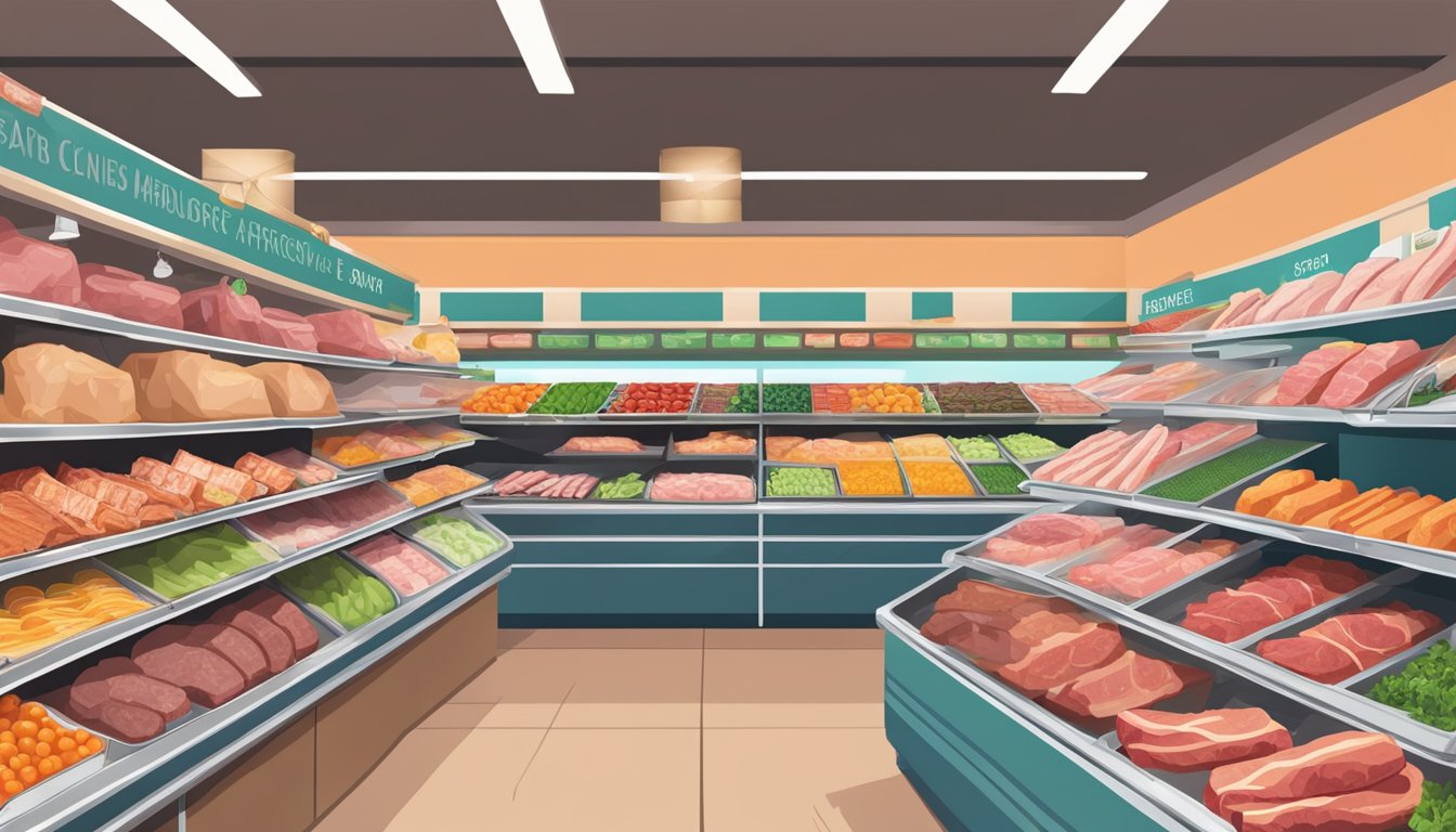 A bustling grocery store meat section with colorful displays and price tags, showcasing a variety of affordable cuts and options for budget-conscious shoppers