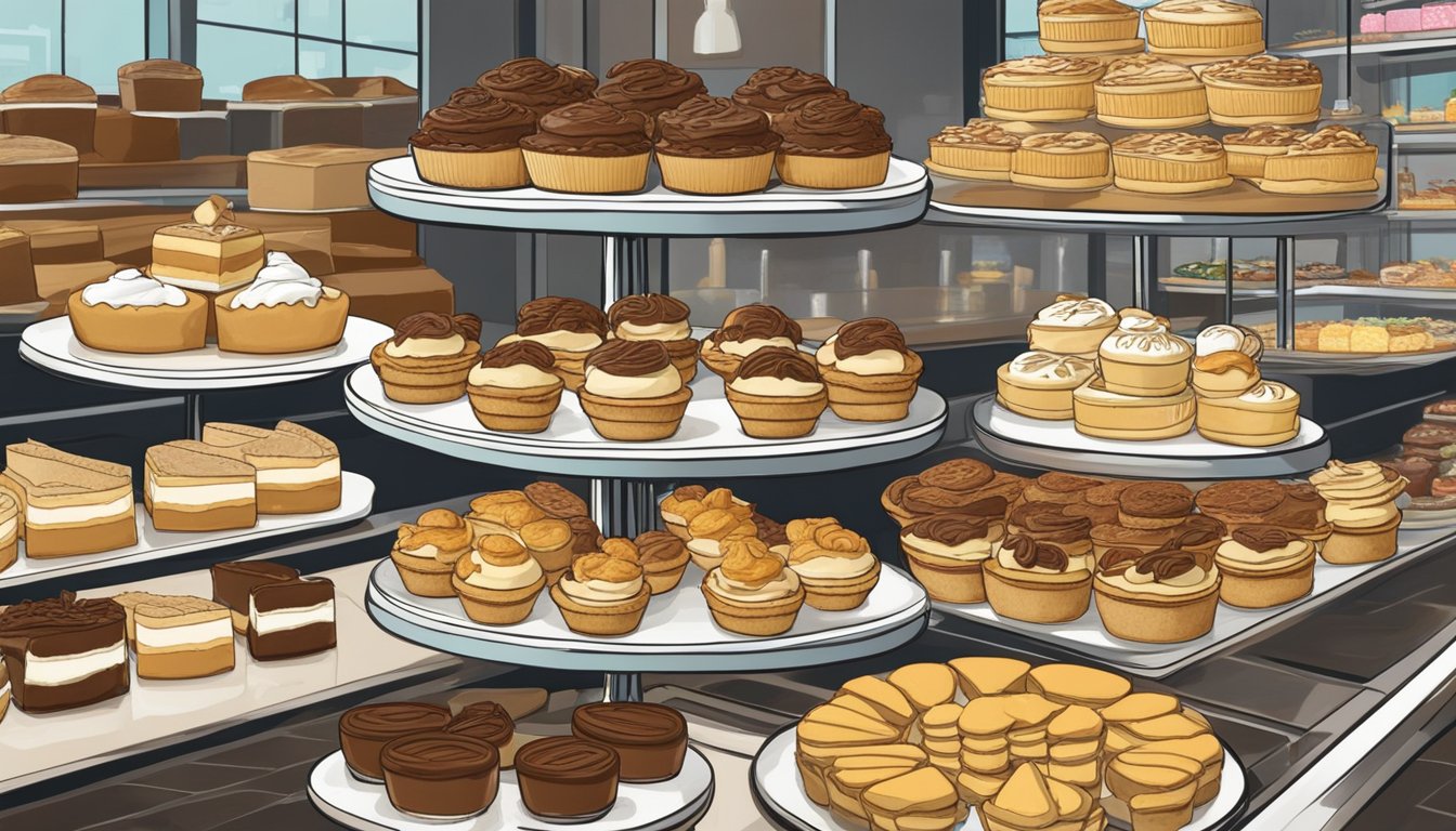 A display of Milton Cream Pies at Flour Bakery, surrounded by other decadent desserts, in the ultimate grocery store setting