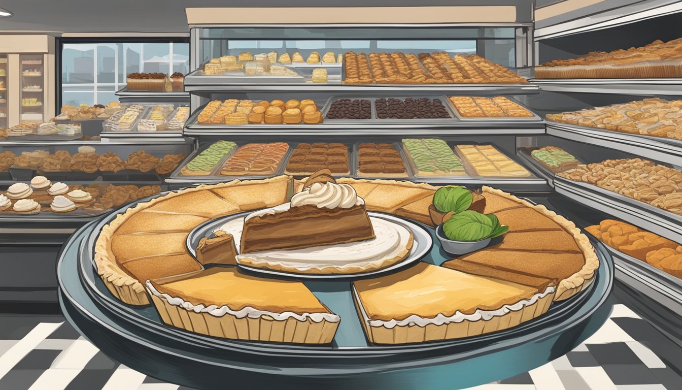 A display of Atlantic Beach Pie at Crook's Corner, surrounded by decadent desserts in a grocery store