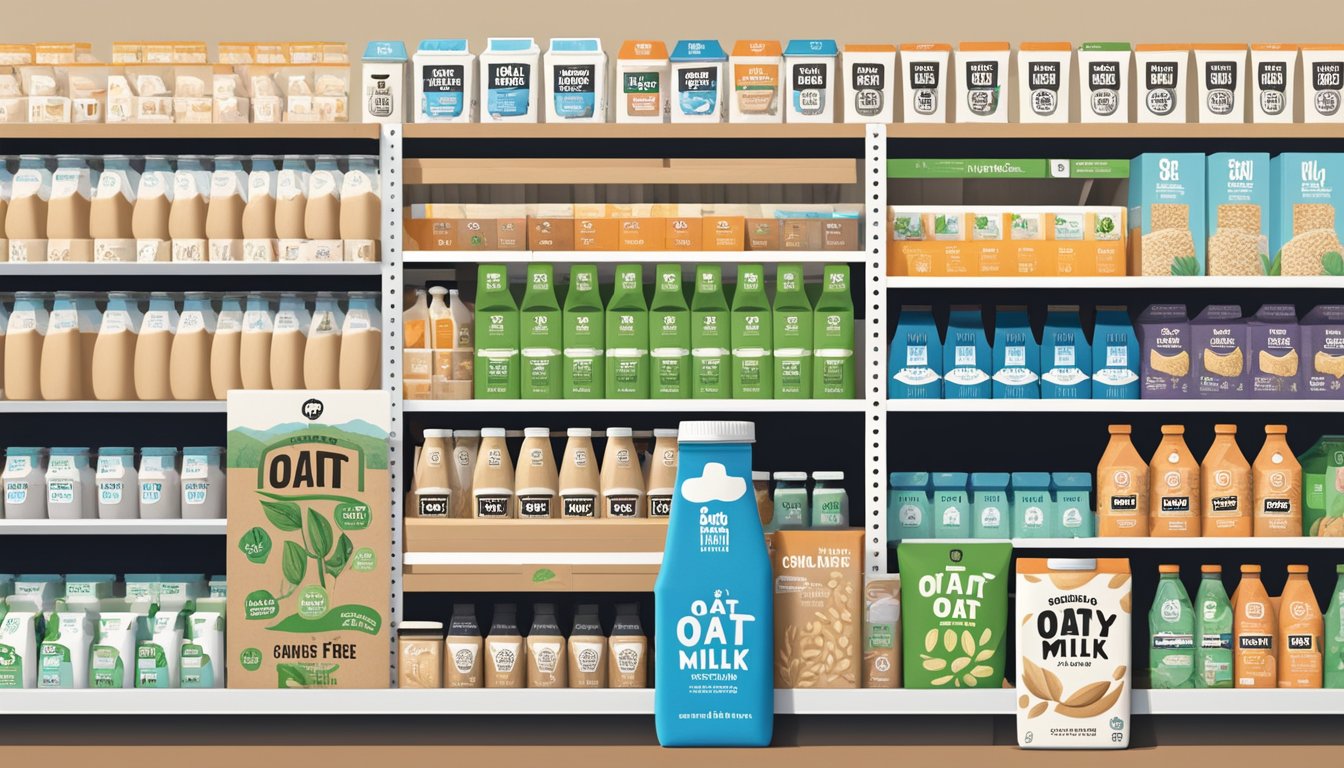 A carton of Oatly Oat Milk stands tall among shelves of dairy-free and plant-based alternatives at a top grocery store