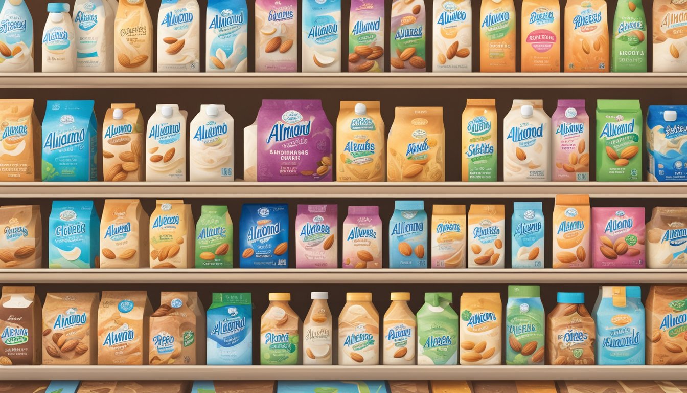 A carton of Almond Breeze Almondmilk stands on a shelf surrounded by other dairy-free and plant-based alternatives at a top grocery store