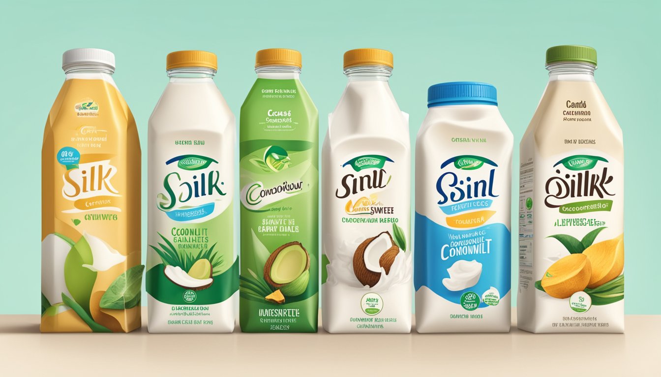 A carton of Silk Unsweetened Coconutmilk surrounded by various dairy-free and plant-based alternatives on grocery store shelves