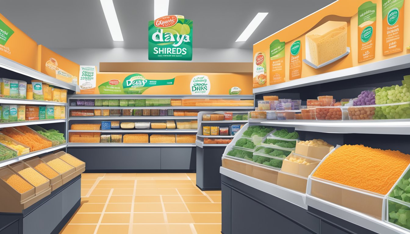 A colorful grocery store display showcases Daiya Dairy-Free Cheddar Style Shreds among other lactose free and plant based alternatives