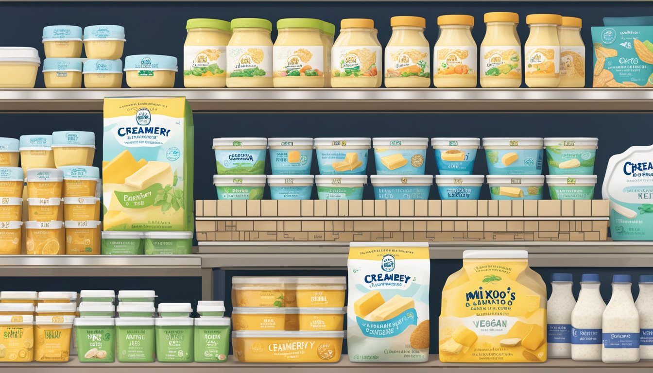 A display of Miyoko's Creamery Vegan Butter on a shelf in a grocery store, surrounded by other lactose-free and plant-based alternatives