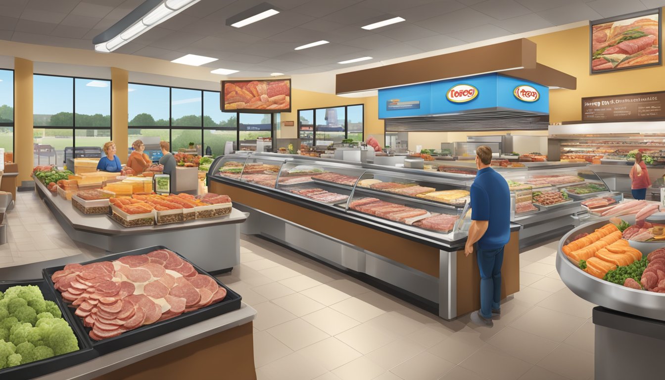 A colorful display of fresh deli meats, cheeses, and prepared dishes at Kroger, with a welcoming dining area in the background