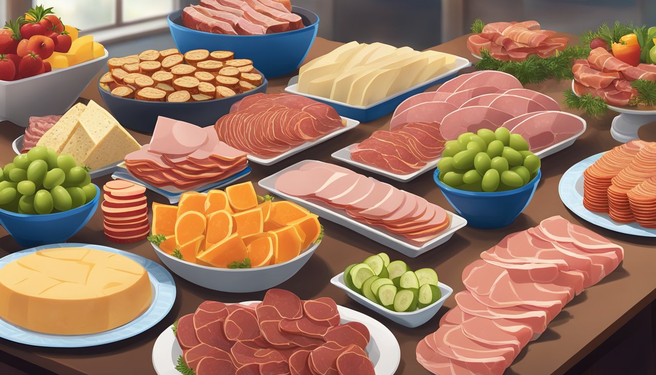 A colorful display of Aldi specialty platters arranged on a table, with various deli meats, cheeses, and fruits, ready for hassle-free catering