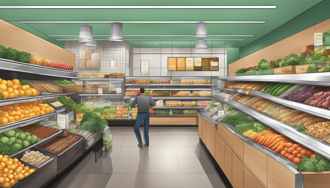 A bustling gourmet grocery store with a wide array of deli and dining options, showcasing the convenience and quality of FreshDirect Gourmet Meals