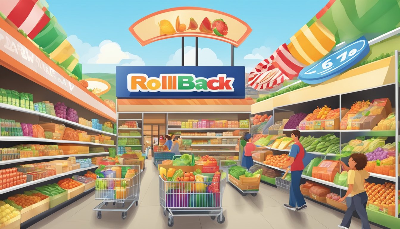 A colorful display of various grocery items with large "Rollback" signs, surrounded by happy shoppers filling their carts