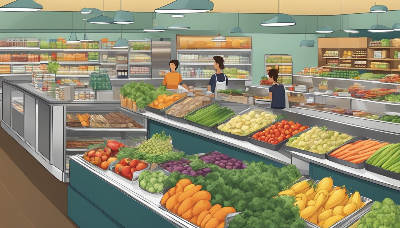 A bustling grocery store with a deli section, fresh produce, and a dining area with tables and chairs for customers to enjoy hassle-free catering options