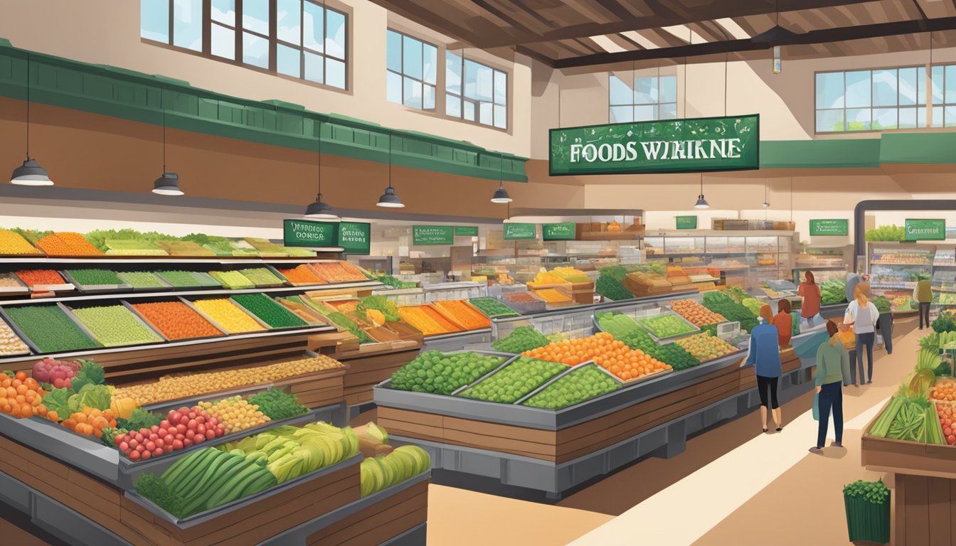 A bustling Whole Foods Market with colorful produce, bulk bins, and shelves stocked with organic, unprocessed foods