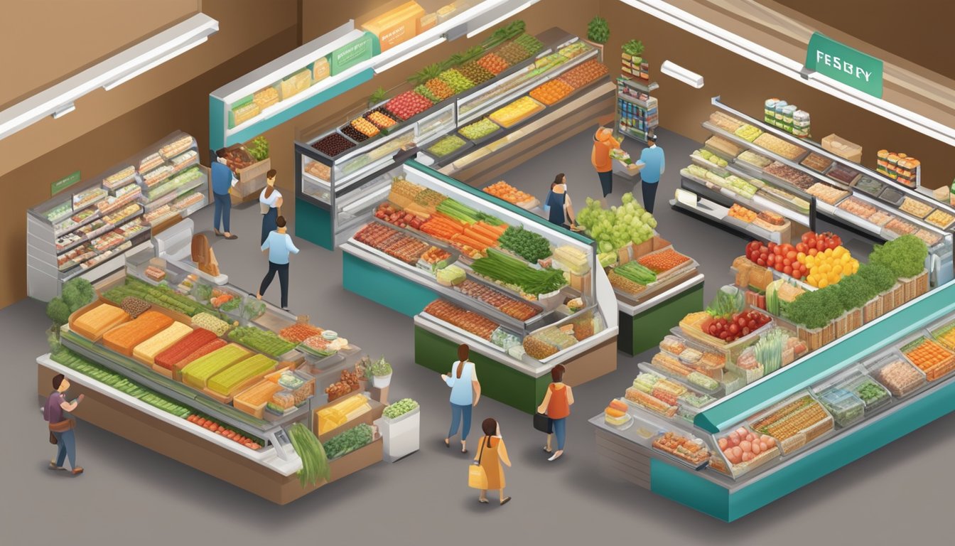 A bustling grocery store with a variety of deli and dining options, from fresh produce to prepared meals, all displayed in an organized and inviting manner