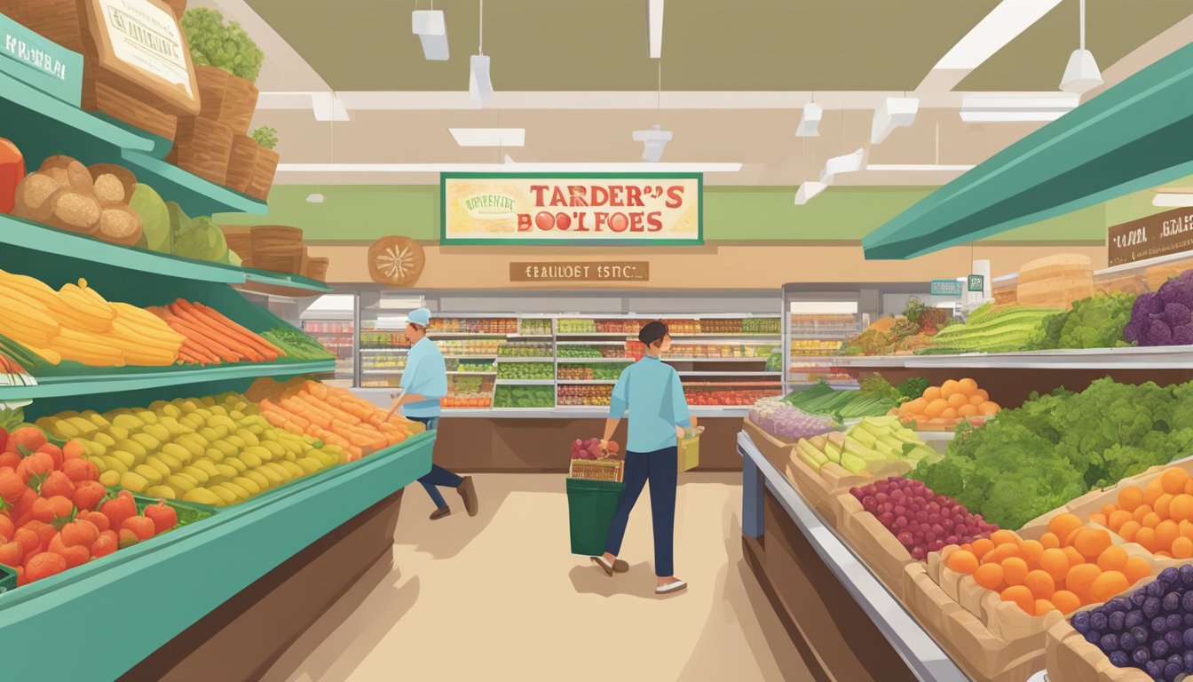 A bustling Trader Joe's store with colorful produce, fresh bread, and shelves stocked with wholesome, unprocessed foods