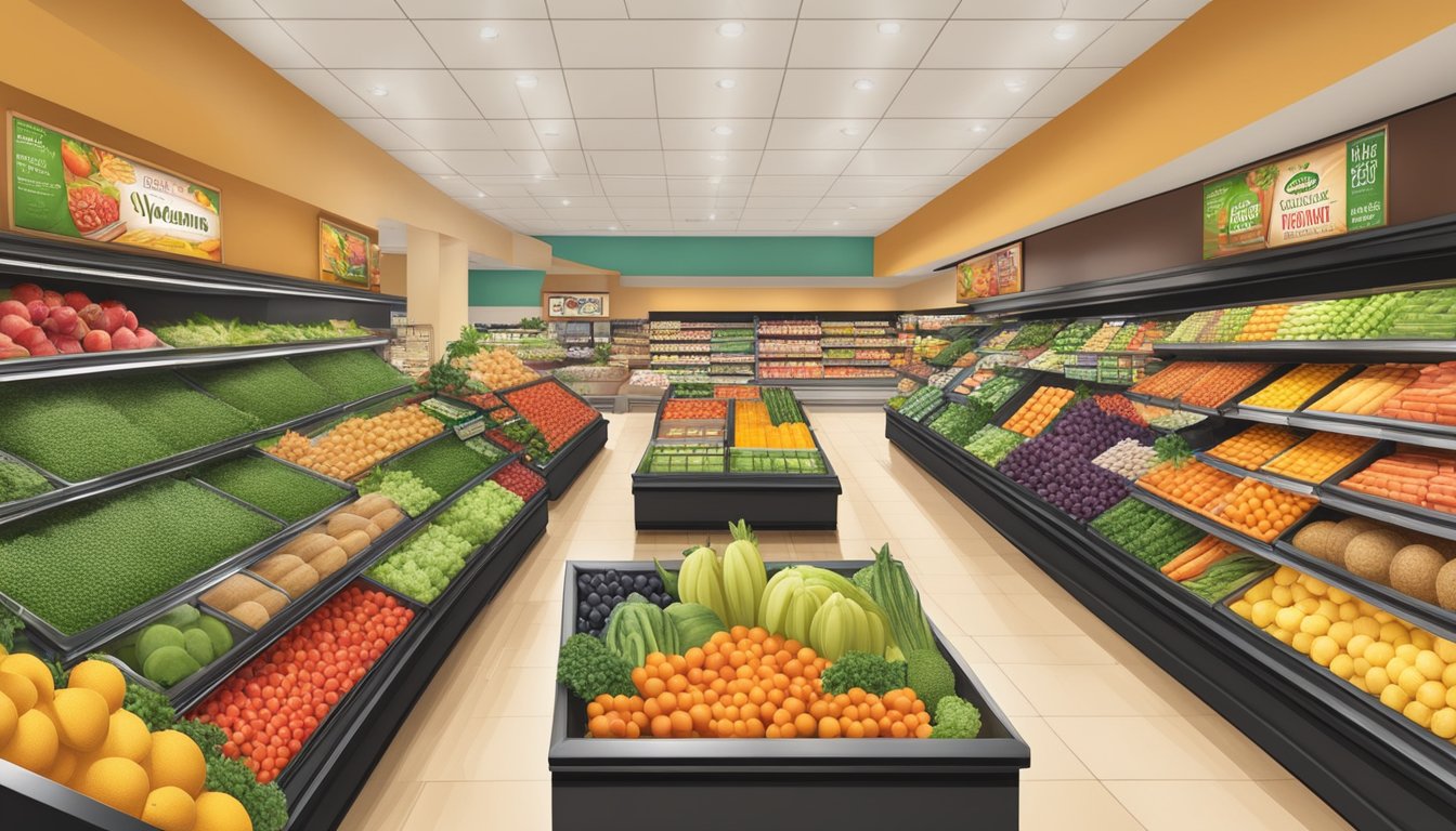 A colorful display of fresh fruits, vegetables, and whole grains at Wegmans, with vibrant signage promoting clean eating and unprocessed foods