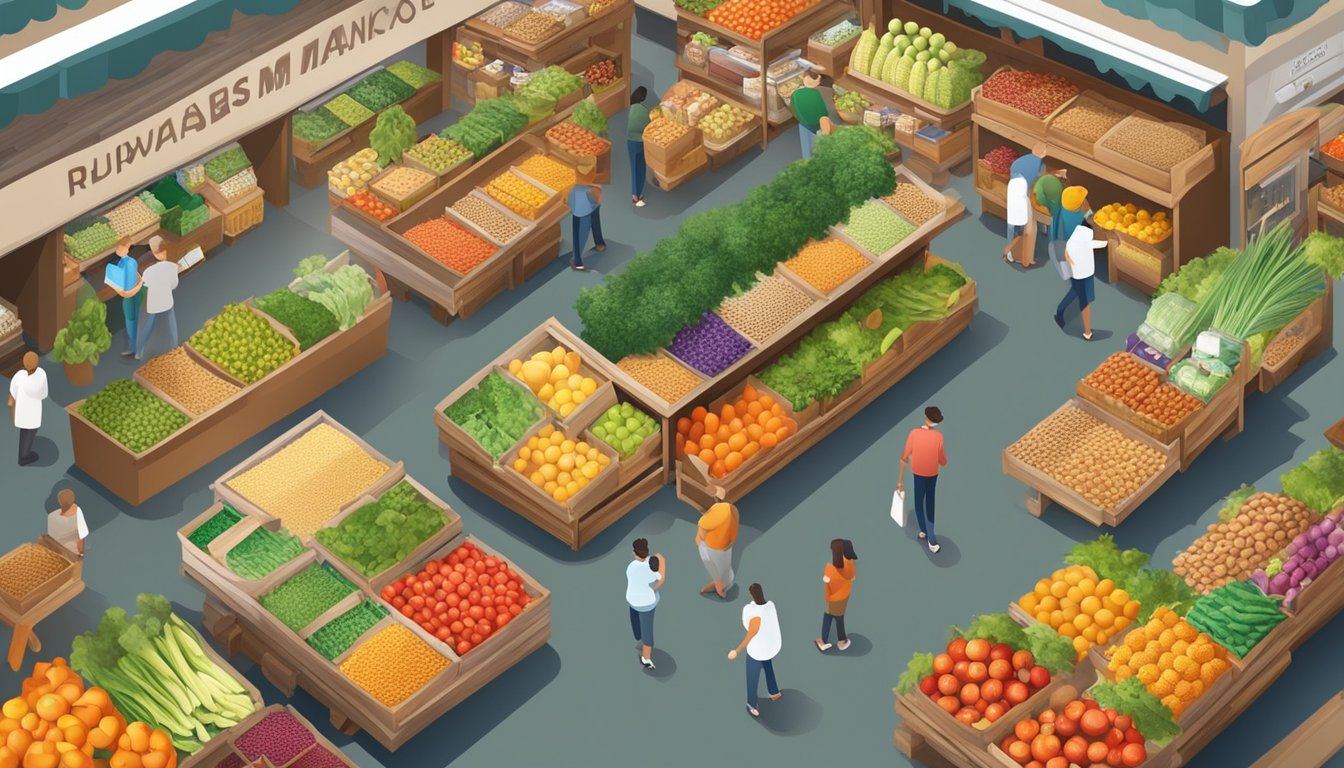 A bustling market with colorful displays of fresh produce, bulk bins of grains and nuts, and shelves stocked with organic, unprocessed foods