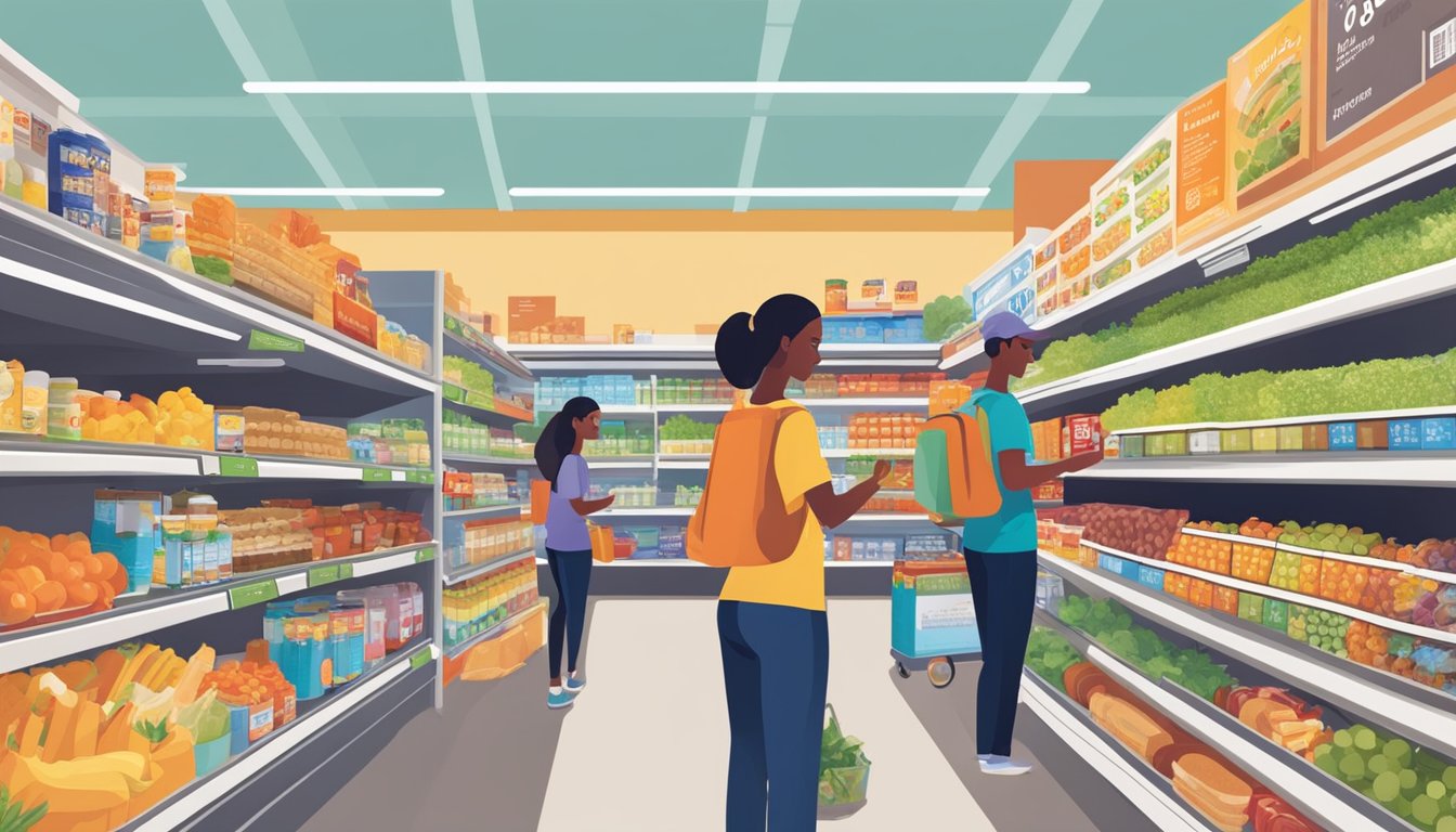 Busy college students browsing aisles of affordable groceries at a Walmart campus store. Brightly lit shelves display a variety of budget-friendly food options