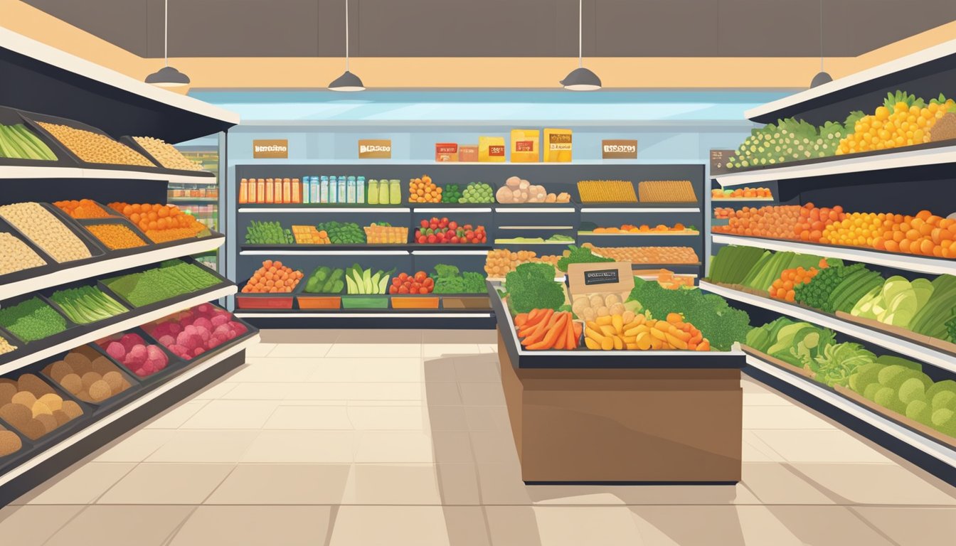 A bright and spacious grocery store with neatly organized aisles filled with fresh produce, whole grains, and unprocessed foods. Bright signage highlights the store's focus on clean eating and wholesome options