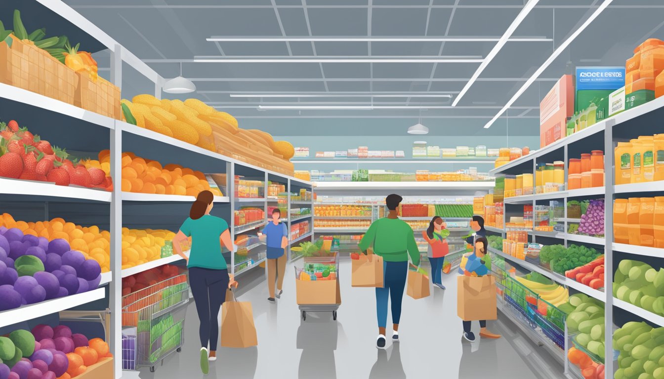 Busy college students shopping for budget-friendly groceries at a bustling Costco campus store, with rows of colorful produce and shelves stocked with affordable pantry staples