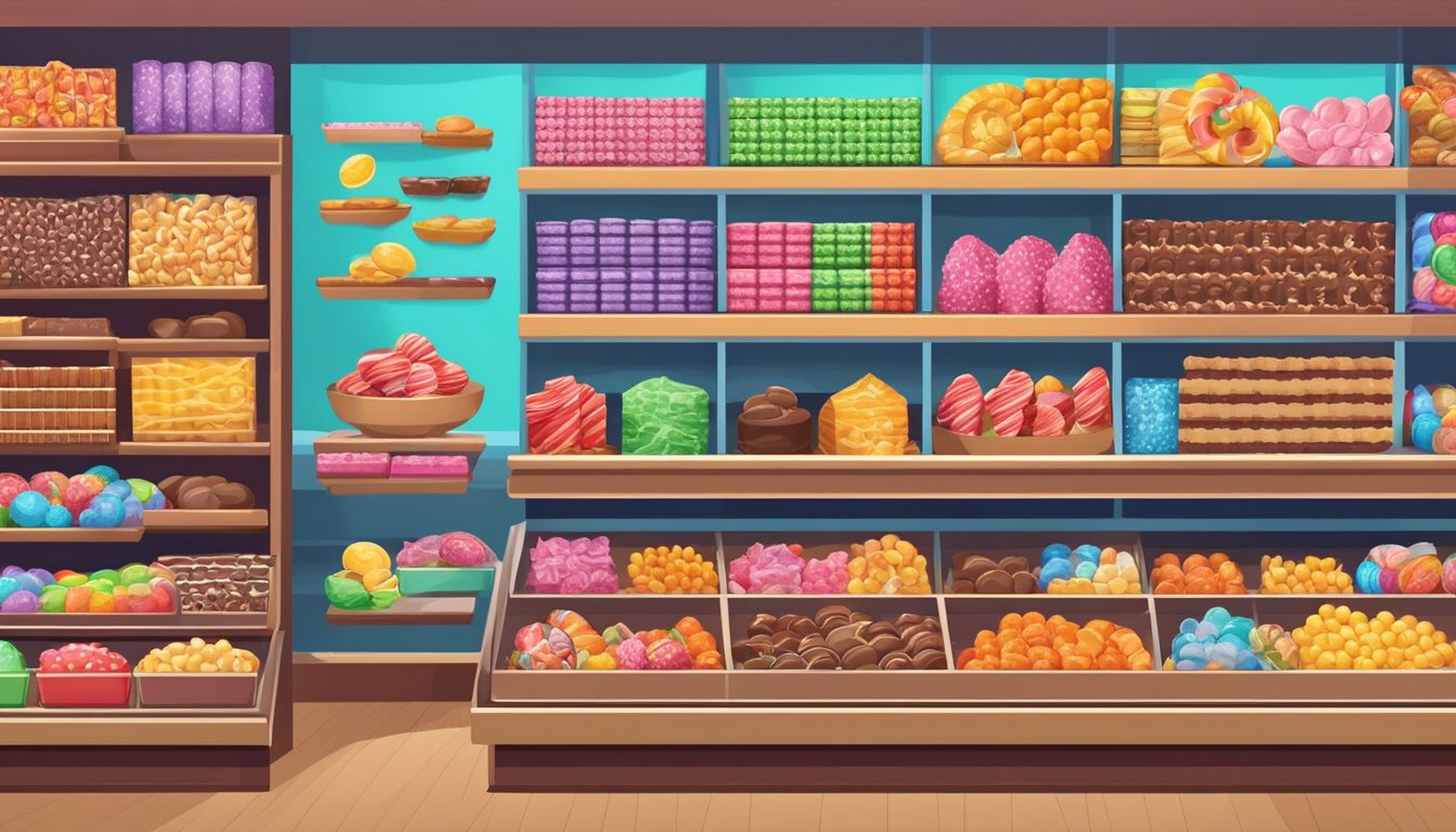 A colorful display of assorted candies and chocolates lining the shelves of a vibrant grocery store, enticing candy lovers with their sweet appeal