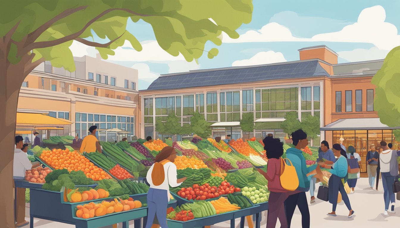 Busy college students browsing colorful produce and affordable bulk items at Whole Foods Market, with campus buildings in the background