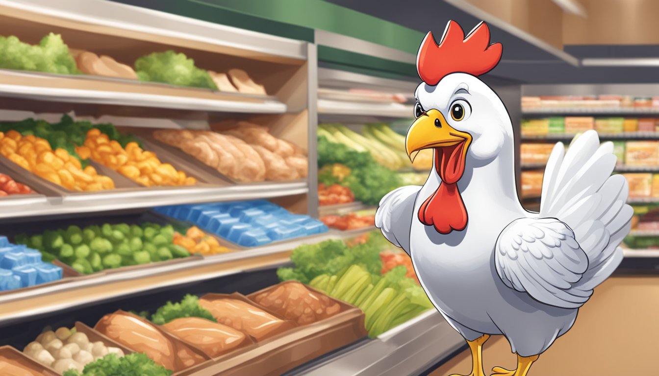 A happy chicken with a Bell & Evans Air Chilled Chicken Breast in a grocery store aisle