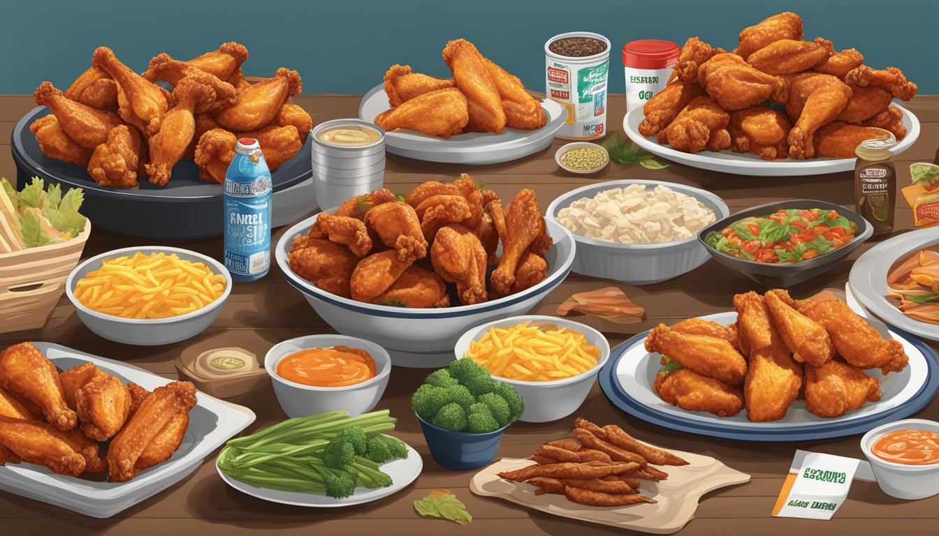 A table filled with various brands of chicken wings, surrounded by grocery store logos and price tags