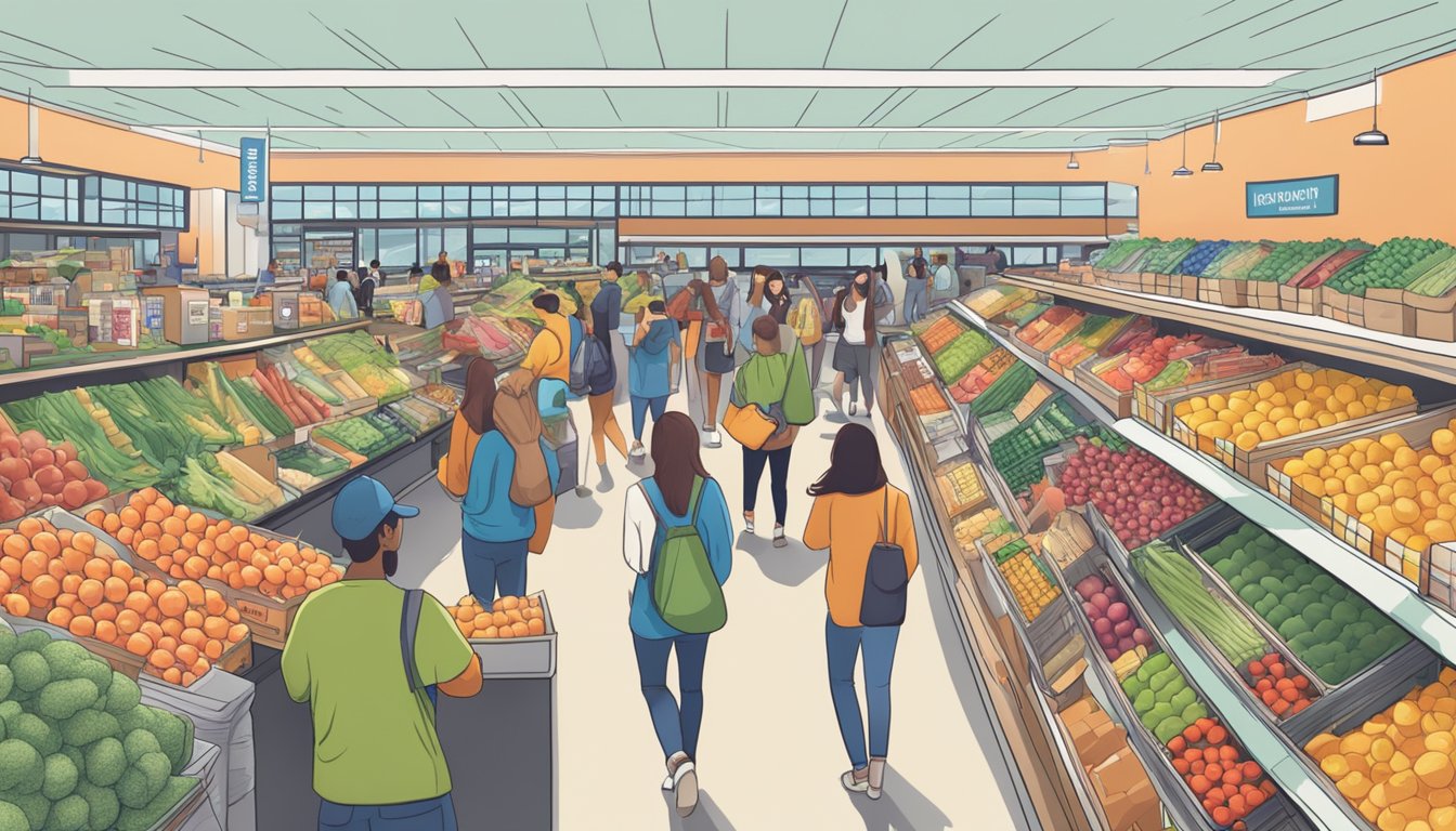 Busy college students browsing through aisles of affordable groceries at a bustling campus market