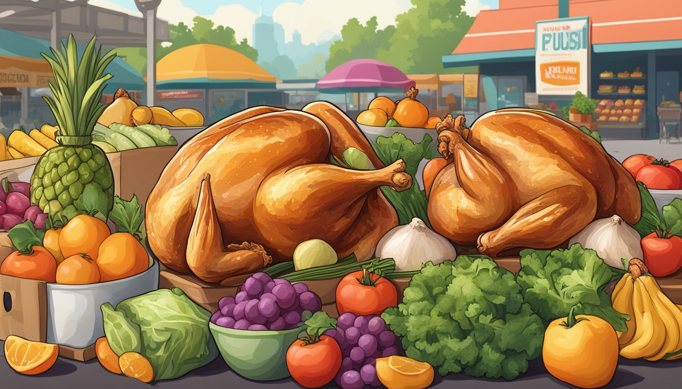 A group of plump chicken thighs surrounded by vibrant produce and grocery store signage