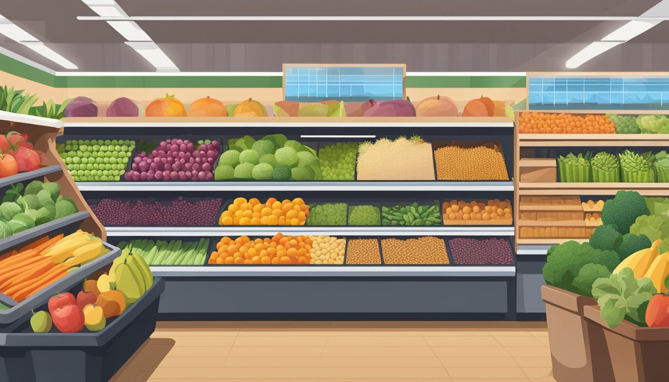 A bustling grocery store aisle filled with colorful fruits, vegetables, and whole grains. Budget-friendly prices are displayed on signs throughout the store