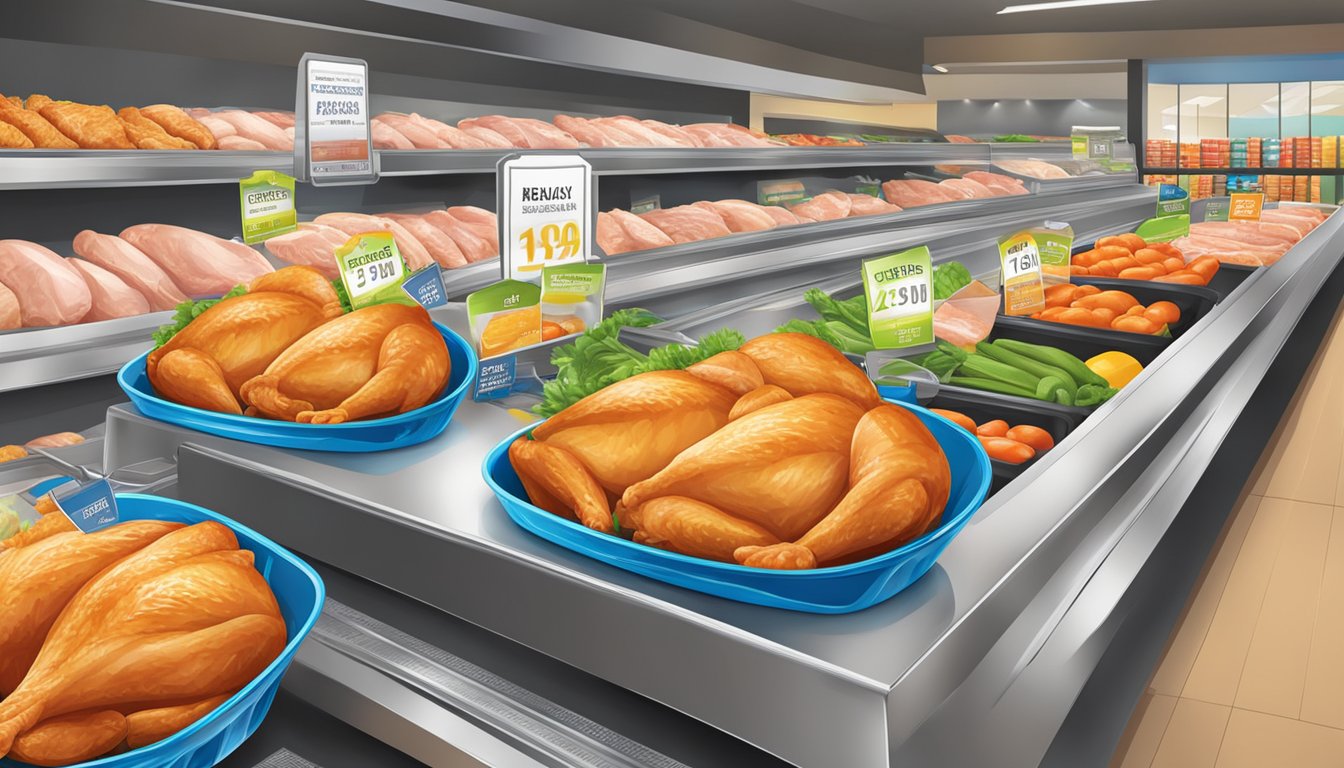 A colorful display of fresh chicken breasts with price tags at various grocery stores