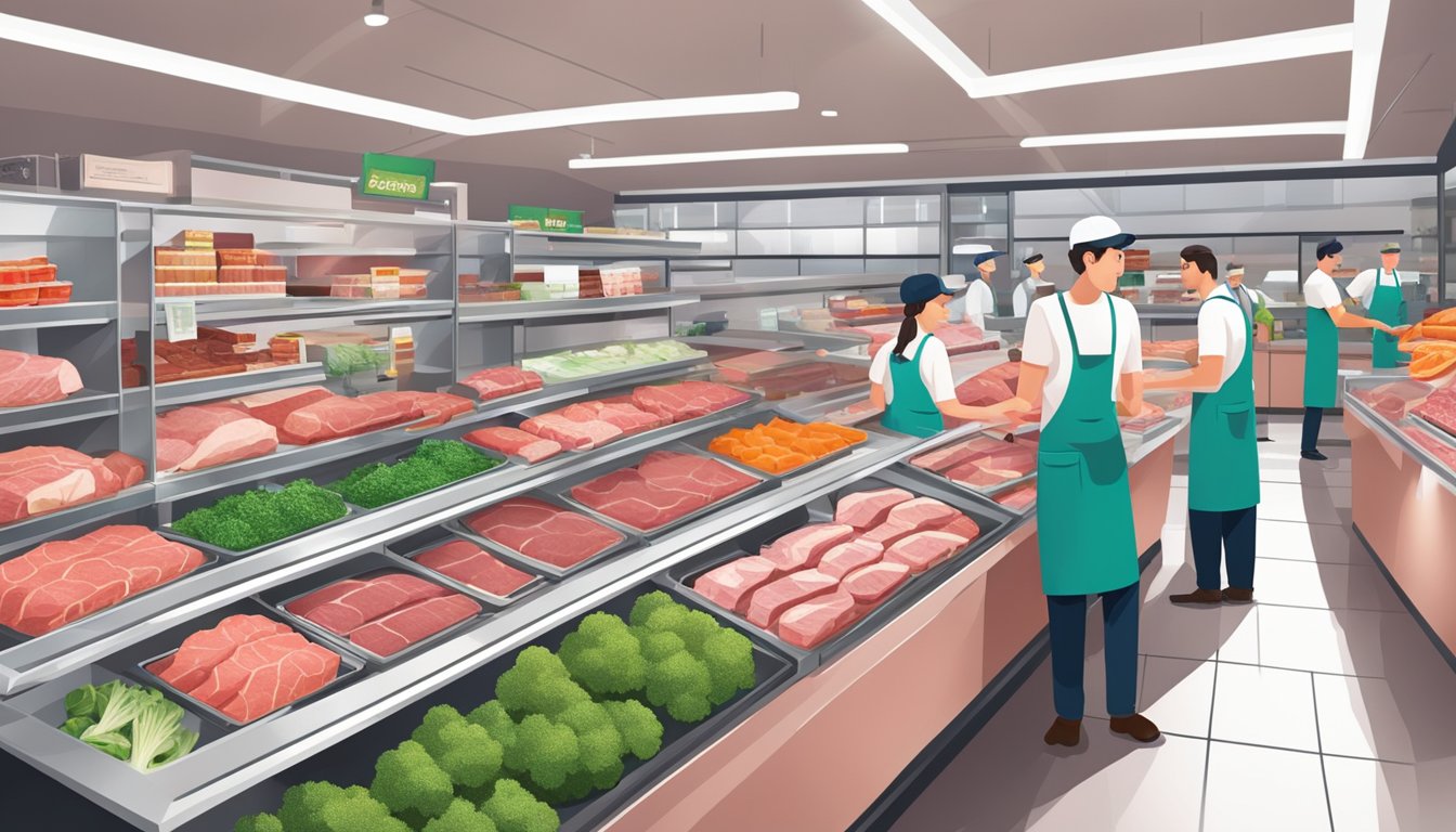 A bustling grocery store with neatly arranged meat counters showcasing prime cuts of beef. Customers inspecting the quality and freshness of the products