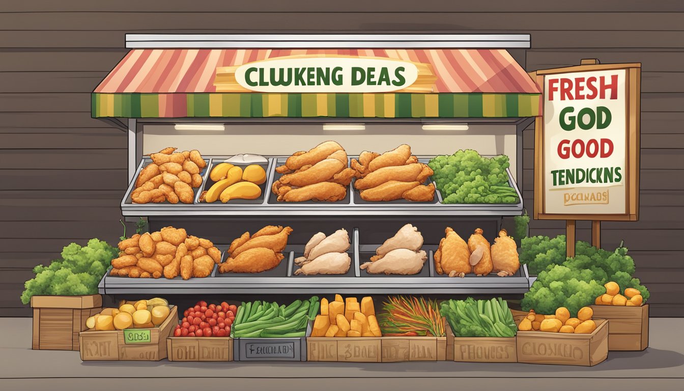 A colorful grocery store display featuring fresh organic chicken tenderloins with a "clucking good deals" sign above