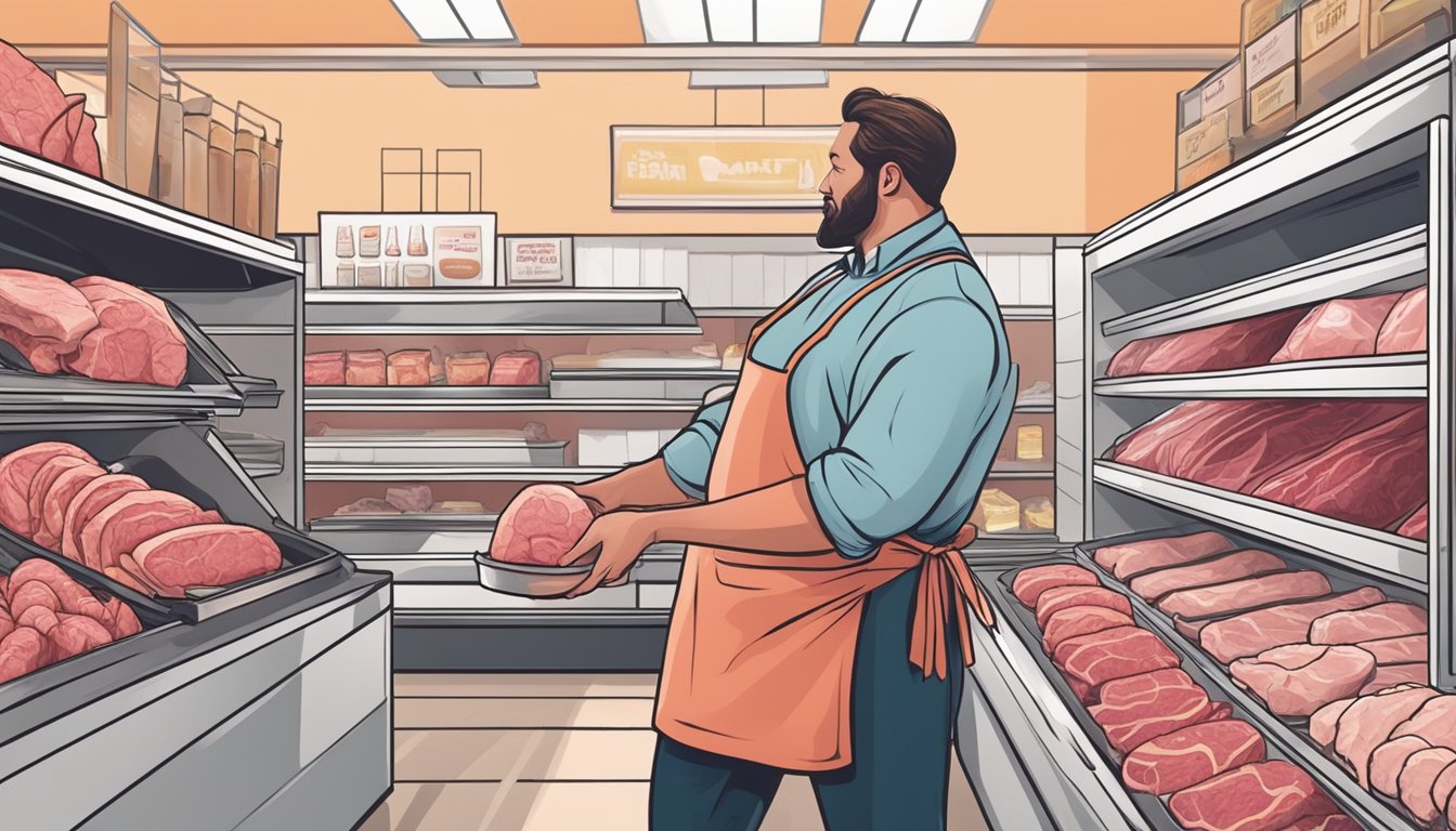 A butcher carefully selecting and displaying premium cuts of beef in a well-lit and organized grocery store setting