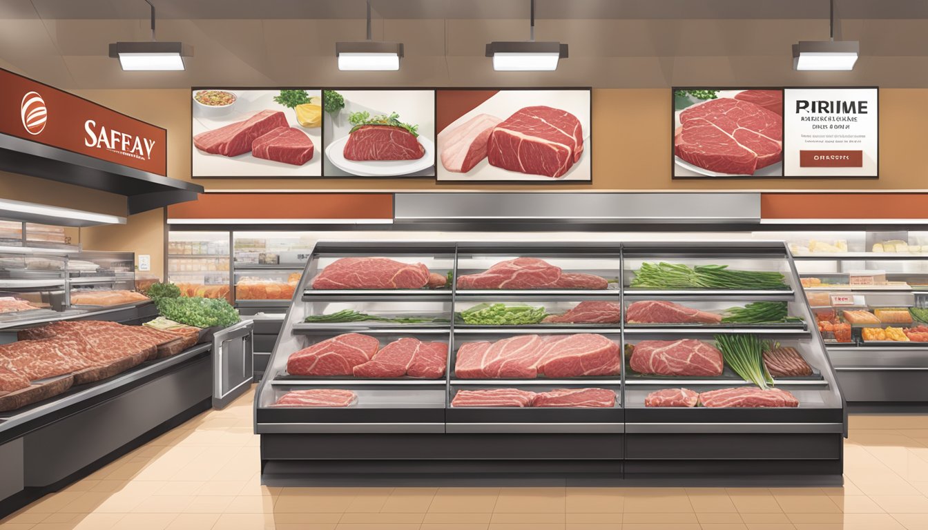 A display of Safeway prime beef cuts showcased in a well-lit grocery store setting