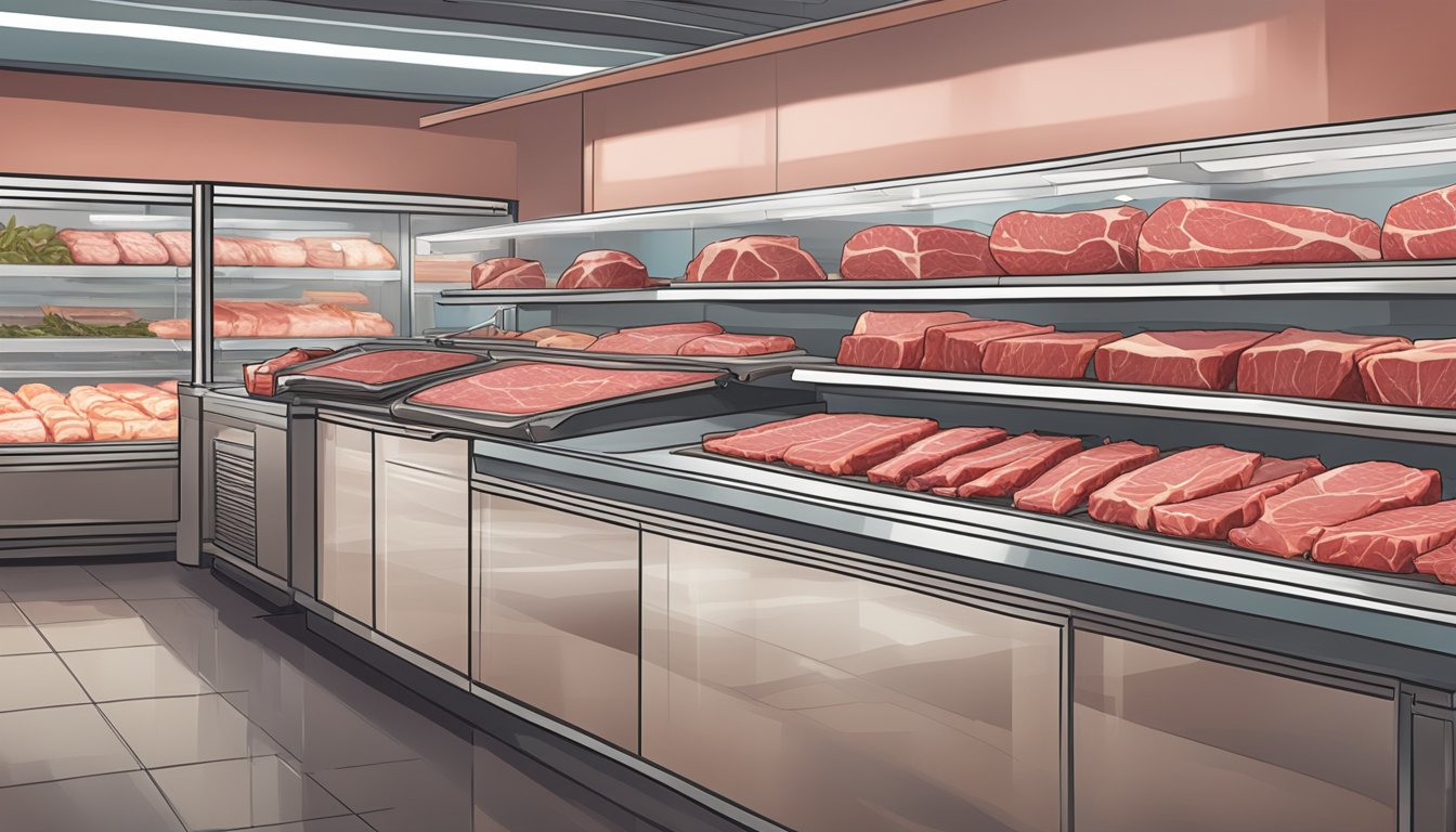 A row of top-grade beef cuts on display in a well-lit grocery store meat section