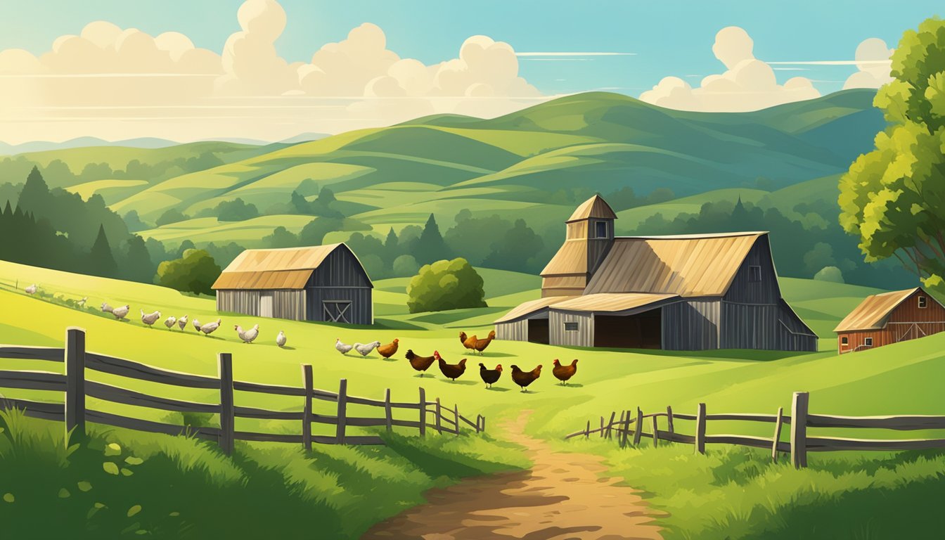 A lush green farm with free-roaming chickens and a rustic barn, surrounded by rolling hills and clear blue skies