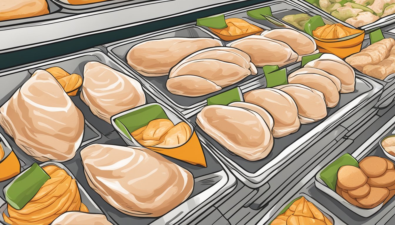 A display of Just Bare Organic Boneless Skinless Chicken Breasts at a premium grocery store