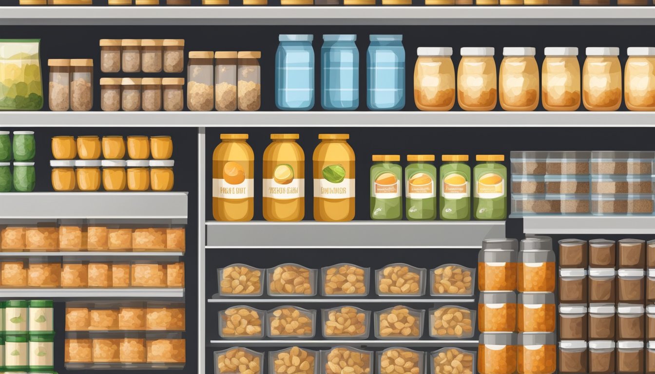 Shelves stocked with canned goods, rice, and dried fruits. A variety of survival foods neatly organized in a grocery store aisle