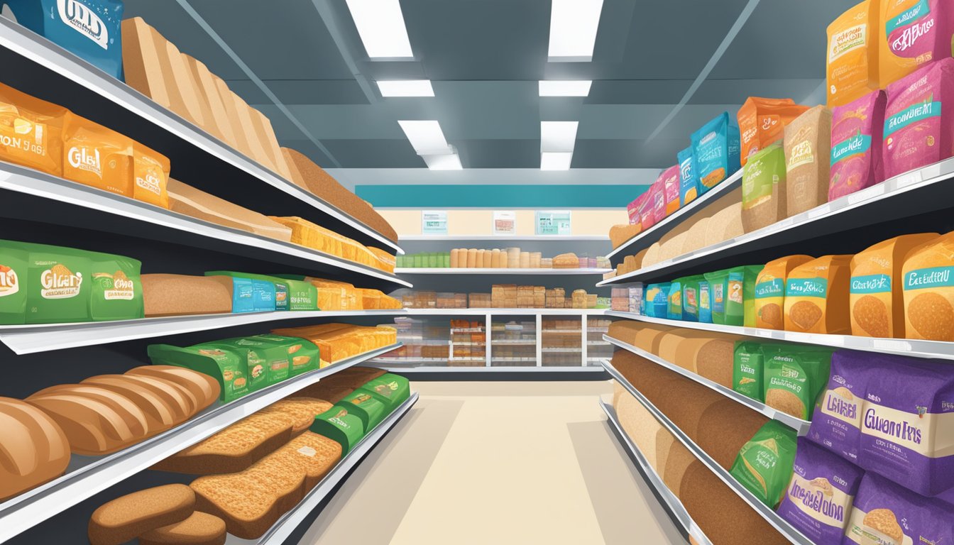 A colorful array of Udi's Gluten Free Whole Grain Bread on shelves in a bright, spacious grocery store, with a prominent "gluten free" sign above