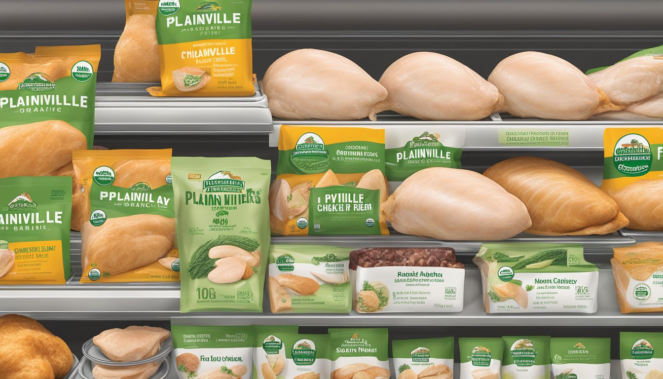 A display of Plainville Farms Organic Chicken Breast packages at a top grocery store, surrounded by other premium poultry products