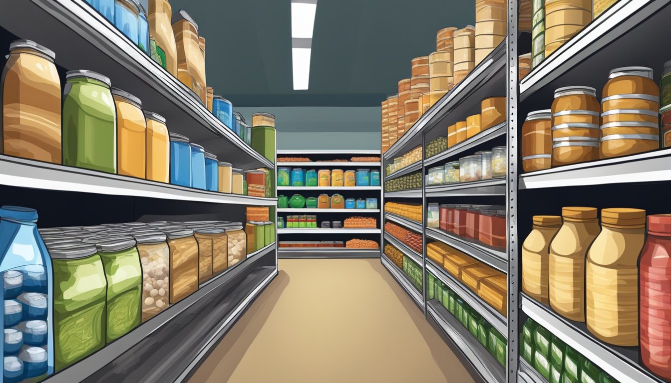 Shelves lined with canned goods, dry foods, and water jugs in a well-organized grocery store aisle for long term food storage