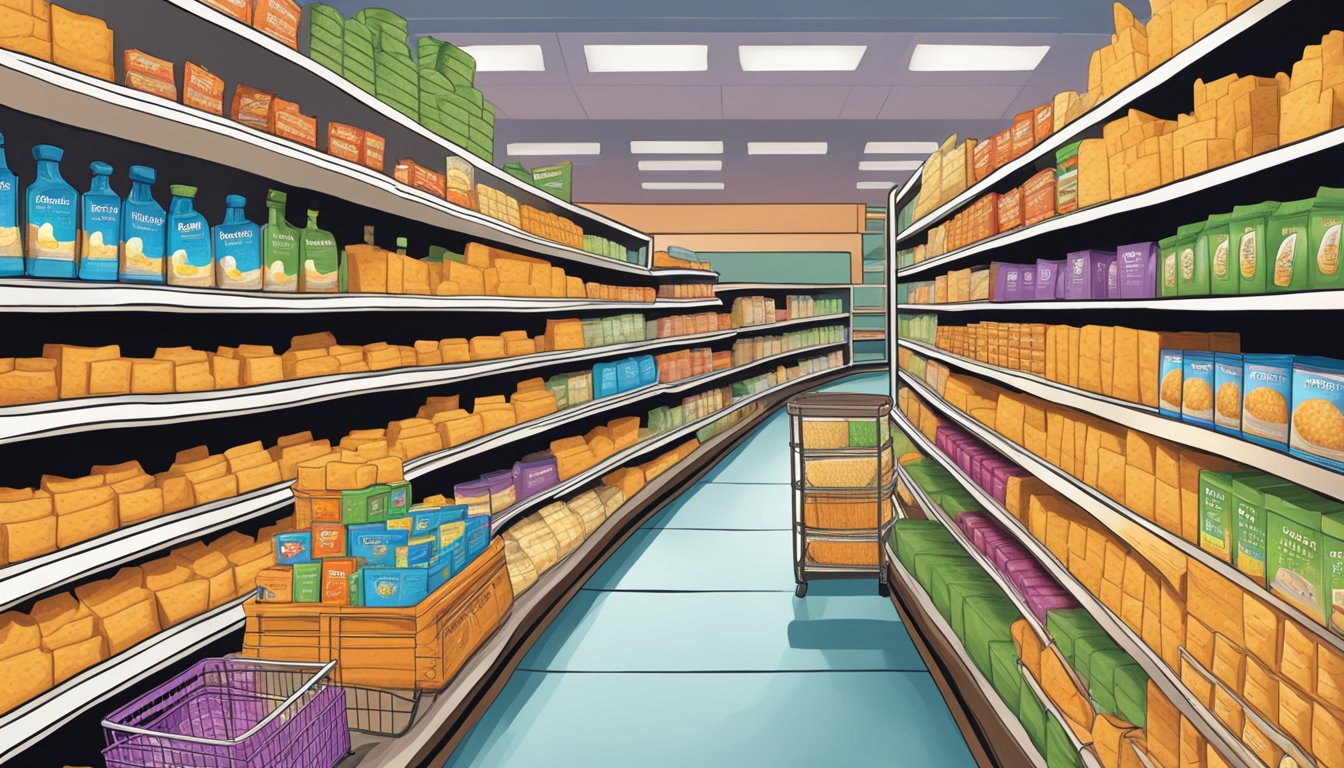 A colorful grocery store aisle filled with shelves of Annie's Homegrown Gluten Free Cheddar Bunny Crackers, creating a haven for celiac shoppers