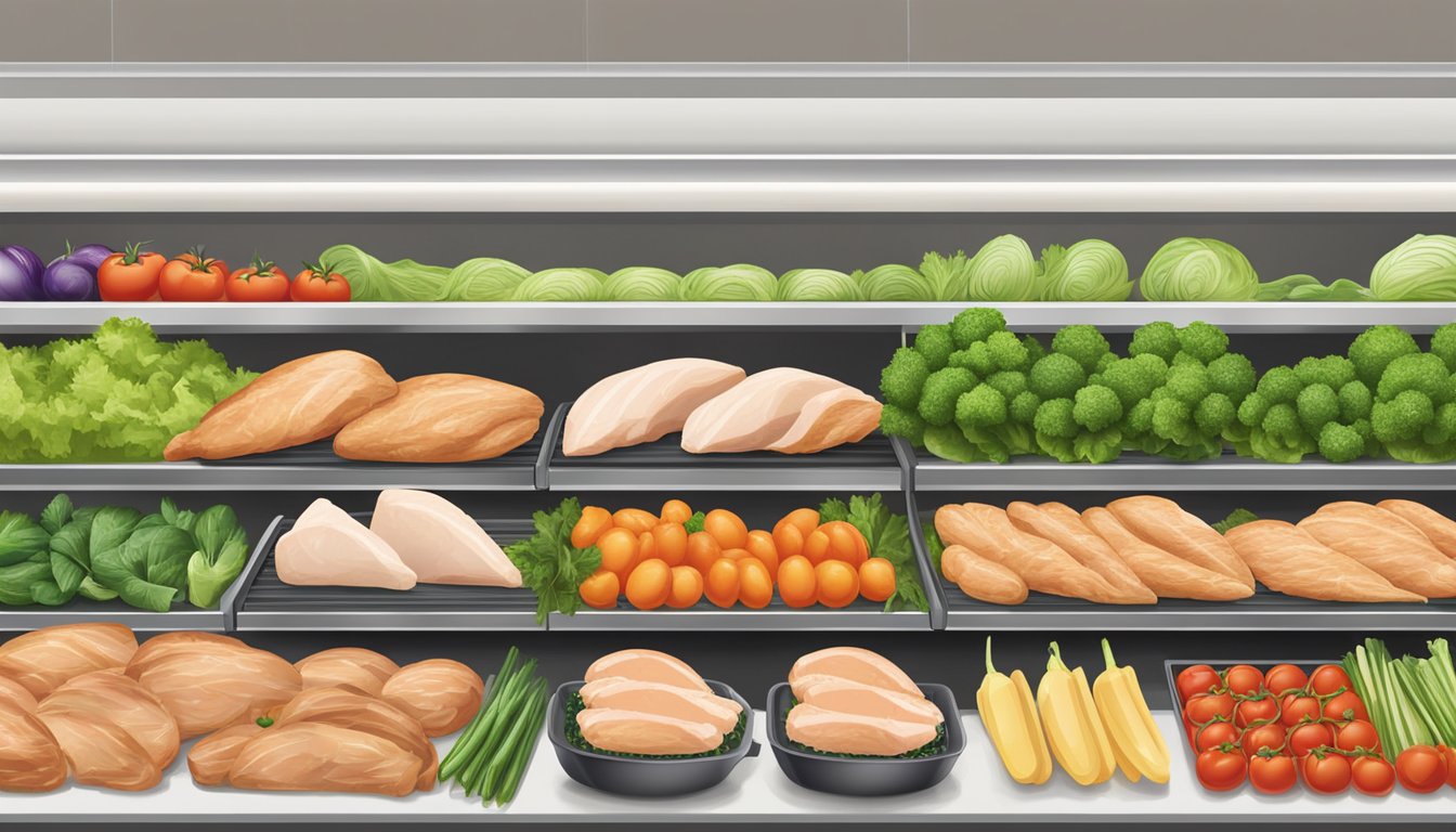 A row of plump, juicy chicken breasts on display at a top grocery store, surrounded by fresh vegetables and other healthy ingredients