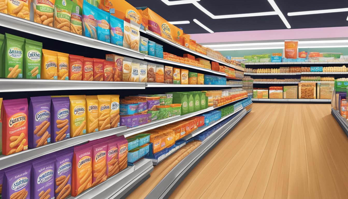 A colorful display of Glutino Gluten Free Pretzel Sticks in a welcoming grocery store aisle, surrounded by other gluten-free products